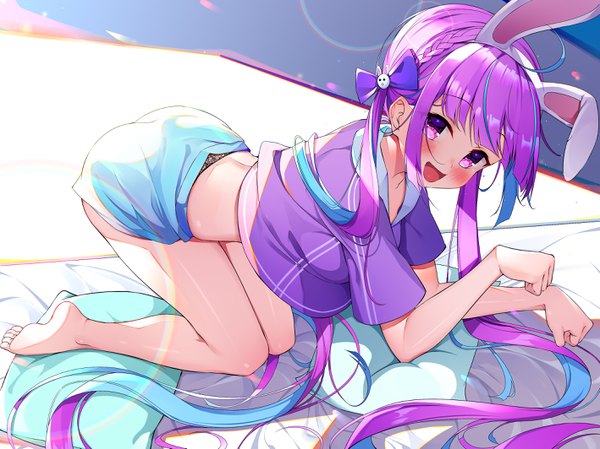 Anime picture 2835x2126 with virtual youtuber hololive minato aqua cqingwei single looking at viewer blush fringe highres open mouth light erotic smile purple eyes animal ears payot purple hair full body ahoge bent knee (knees) indoors