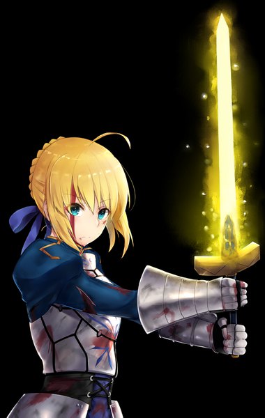 Anime picture 2618x4133 with fate (series) fate/stay night artoria pendragon (all) saber de yazhii single tall image looking at viewer fringe highres simple background hair between eyes holding ahoge upper body braid (braids) aqua eyes puffy sleeves black background serious