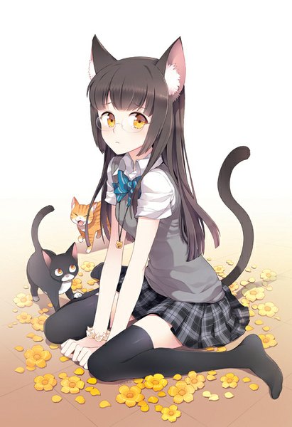 Anime picture 548x800 with original nardack long hair tall image looking at viewer black hair animal ears yellow eyes tail animal tail cat ears cat girl cat tail girl thighhighs skirt uniform flower (flowers) black thighhighs school uniform
