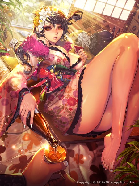 Anime picture 1200x1600 with furyou michi ~gang road~ xaxak long hair tall image looking at viewer breasts light erotic black hair bare shoulders brown eyes cleavage traditional clothes japanese clothes hair flower fingernails bare legs legs long fingernails girl hair ornament