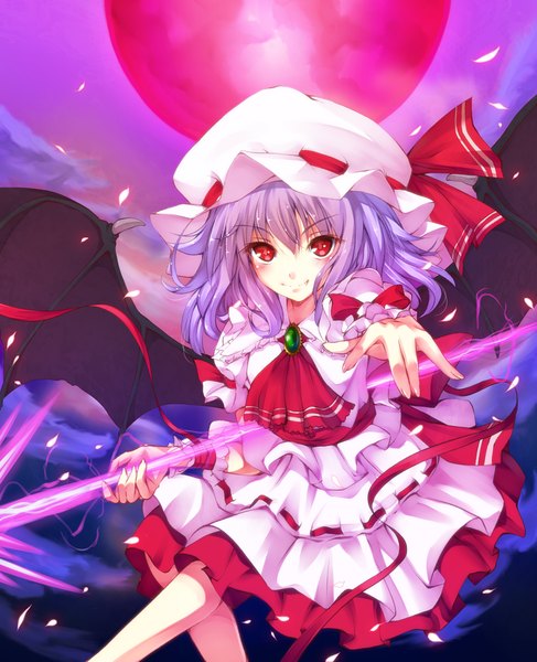 Anime picture 832x1024 with touhou remilia scarlet amayofoo single long hair tall image blush smile red eyes game cg purple hair bat wings girl dress weapon wings bonnet spear the gungnir