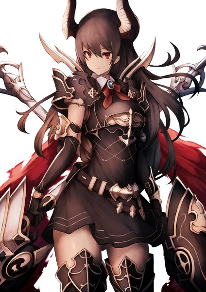 Anime picture 900x1272 with shingeki no bahamut forte (shingeki no bahamut) snm (sunimi) single long hair tall image fringe simple background hair between eyes red eyes brown hair standing white background looking away horn (horns) girl gloves weapon black gloves elbow gloves