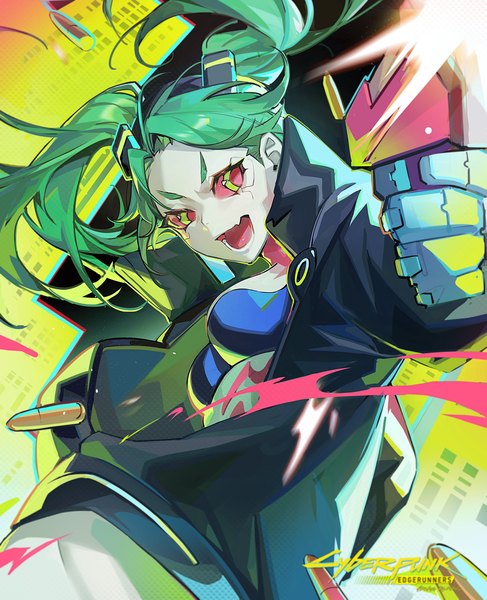 Anime picture 4579x5643 with cyberpunk edgerunners studio trigger rebecca (cyberpunk) mato-c single long hair tall image highres open mouth light erotic twintails green eyes looking away absurdres upper body long sleeves aqua hair open jacket fang (fangs) tattoo