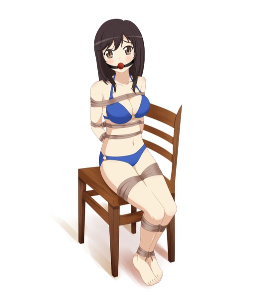 Anime picture 2969x3500 with non non biyori silver link ichijou hotaru rinine single long hair tall image looking at viewer blush highres breasts light erotic black hair simple background white background brown eyes bondage girl navel swimsuit