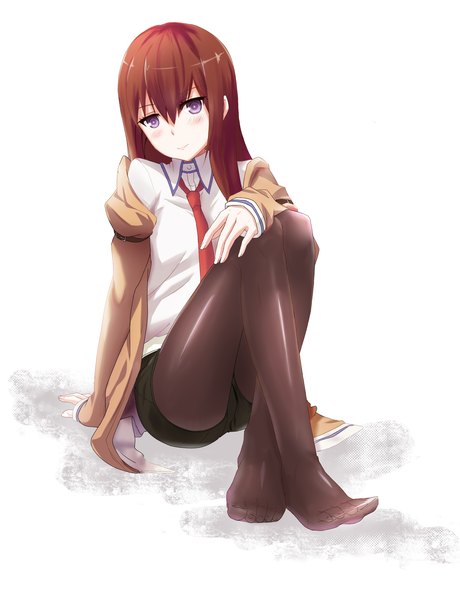 Anime picture 2214x2887 with steins;gate white fox makise kurisu beaver (artist) single long hair tall image highres simple background brown hair white background purple eyes no shoes girl pantyhose necktie