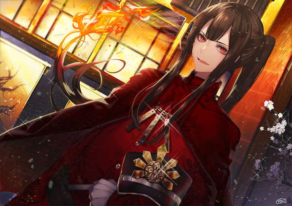 Anime picture 1300x919 with fate (series) fate/grand order oda nobukatsu (fate) yakusuke single long hair open mouth red eyes brown hair payot ponytail :d sparkle dutch angle hat removed headwear removed boy flower (flowers) cape fire