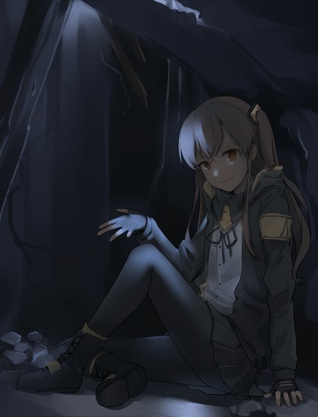 Anime picture 1200x1572 with girls frontline ump45 (girls frontline) yorktown cv-5 single tall image looking at viewer smile brown hair sitting payot full body braid (braids) long sleeves arm up open jacket orange eyes one side up light scar ruins