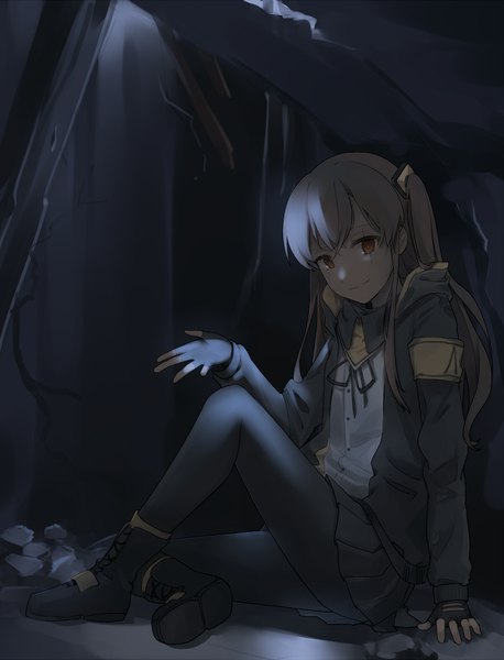 Anime-Bild 1200x1572 mit girls frontline ump45 (girls frontline) yorktown cv-5 single tall image looking at viewer smile brown hair sitting payot full body braid (braids) long sleeves arm up open jacket orange eyes one side up light scar ruins