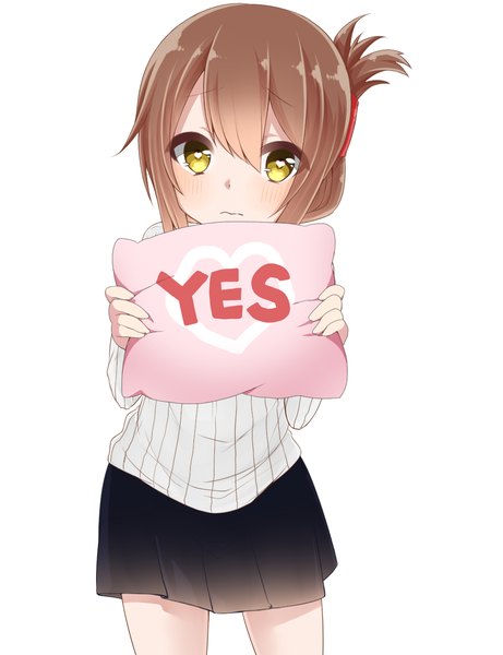 Anime picture 1000x1300 with kantai collection inazuma destroyer akky (akimi1127) single long hair tall image looking at viewer blush fringe brown hair standing white background holding yellow eyes pleated skirt inscription embarrassed symbol-shaped pupils :3 yes-no pillow