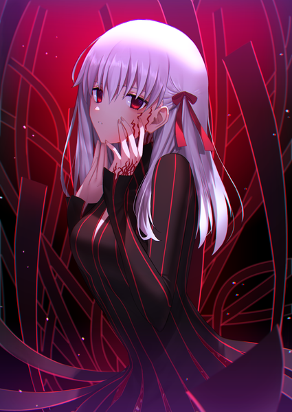 Anime picture 2507x3541 with fate (series) fate/stay night matou sakura dark sakura okakasushi single long hair tall image looking at viewer fringe highres hair between eyes red eyes standing silver hair parted lips arms up tattoo sleeves past wrists red background