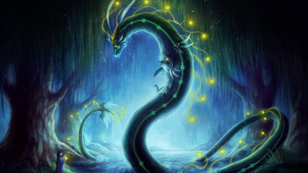 Anime picture 1920x1080 with original tagme (artist) long hair highres black hair wide image yellow eyes glowing blue background glow lake girl plant (plants) tree (trees) water lantern dragon