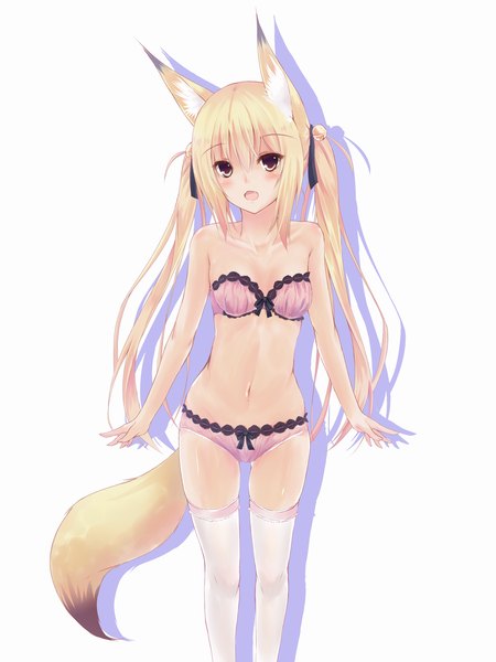 Anime picture 1200x1600 with original second heaven single long hair tall image blush open mouth light erotic simple background blonde hair red eyes white background twintails teeth fang (fangs) underwear only fox ears fox tail fox girl girl
