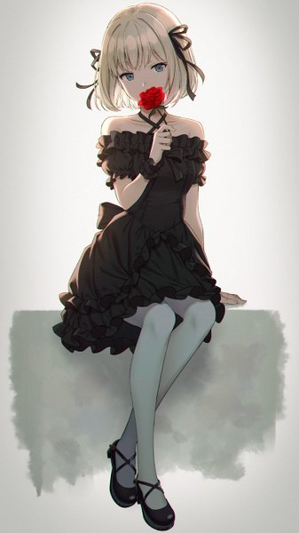 Anime picture 750x1334 with original hyuuga azuri single tall image looking at viewer fringe short hair blue eyes simple background blonde hair sitting bare shoulders holding full body head tilt arm up off shoulder arm support crossed legs covered mouth
