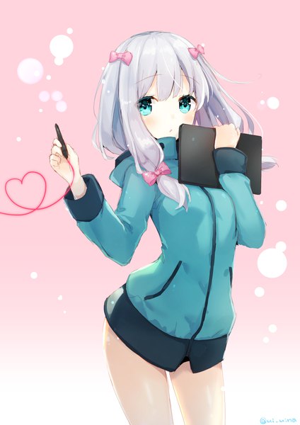 Anime picture 827x1169 with eromanga sensei a-1 pictures izumi sagiri suzumori uina single long hair tall image looking at viewer blush fringe light erotic standing holding silver hair aqua eyes gradient background pink background tress ribbon heart of string girl