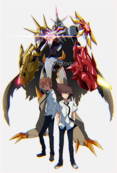 Anime picture 709x1049 with digimon digimon adventure yagami taichi ishida yamato omegamon matsu-jun tall image looking at viewer fringe short hair simple background hair between eyes brown hair standing brown eyes looking away full body long sleeves profile grey background