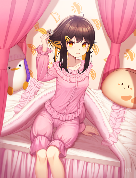 Anime picture 1819x2374 with original tam tambourine hb (qwqw1697) single long hair tall image looking at viewer fringe highres brown hair sitting multicolored hair arm support two-tone hair orange eyes colored inner hair canopy bed girl hair ornament frills