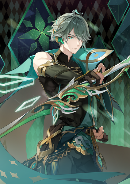 Anime picture 1488x2105 with genshin impact alhaitham (genshin impact) didtldms0312 single tall image fringe short hair standing green eyes ahoge grey hair hair over one eye outstretched arm boy weapon sword