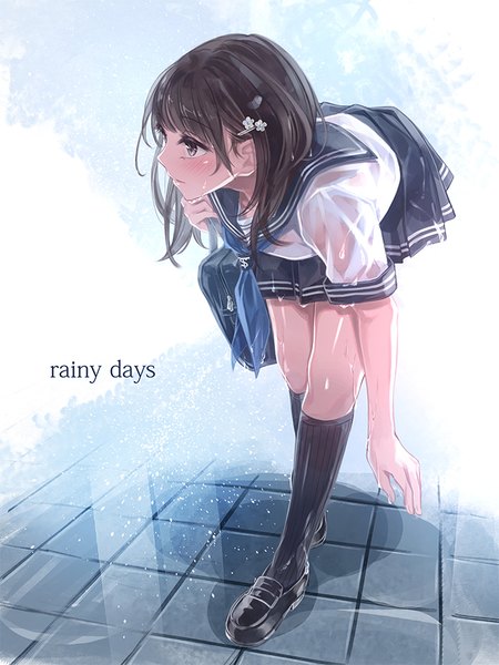 Anime picture 675x900 with original yasuno (airy light) single long hair tall image blush brown hair holding brown eyes looking away profile pleated skirt short sleeves wet leaning leaning forward text rain wet clothes english