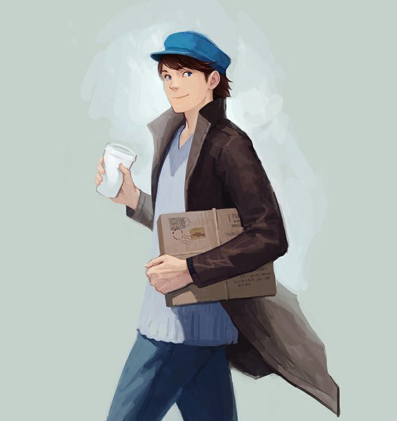Anime picture 848x900 with original eleth89 single tall image looking at viewer short hair blue eyes simple background brown hair light smile walking boy cloak flat cap glass jeans box blue jeans cardboard box