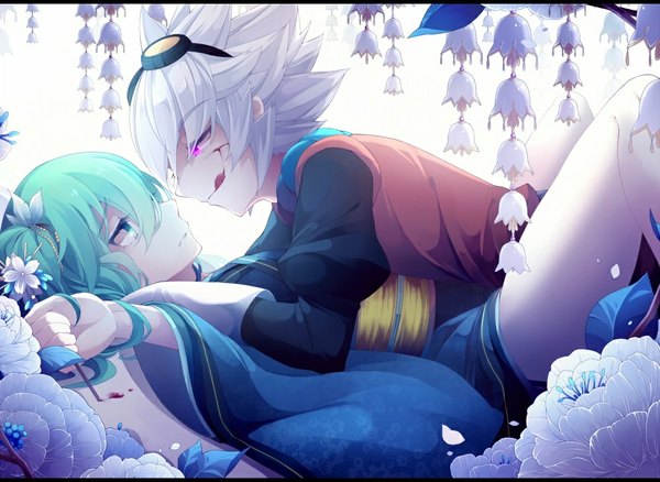 Anime picture 1000x731 with inazuma eleven inazuma eleven go fey rune saryuu evan lyodi (artist) short hair smile green eyes white hair lying traditional clothes japanese clothes pink eyes green hair multiple boys couple face to face shounen ai licking goggles on head