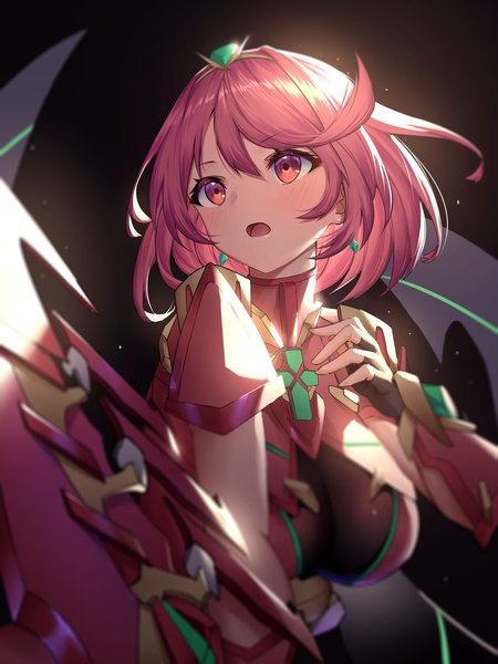 Anime picture 3000x4000 with xenoblade xenoblade 2 pyra (xenoblade) roi (liu tian) single tall image blush fringe highres short hair open mouth hair between eyes red eyes looking away red hair black background girl gloves earrings fingerless gloves