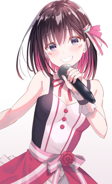 Anime picture 1226x2000 with virtual youtuber hololive azki (hololive) azki (3rd costume) (hololive) koh rd single tall image fringe short hair simple background smile hair between eyes brown hair white background purple eyes pink hair upper body multicolored hair grin official alternate costume