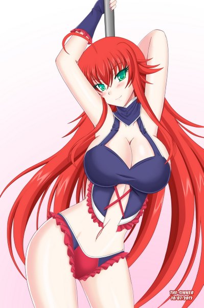 Anime picture 823x1238 with highschool dxd rias gremory the-sinner single long hair tall image looking at viewer blush breasts light erotic simple background large breasts white background green eyes red hair light smile armpit (armpits) arm behind head girl gloves