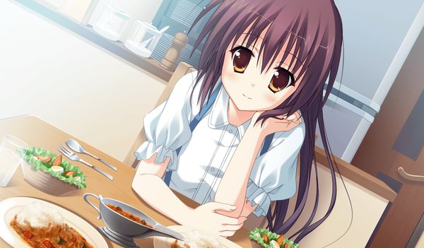 Anime picture 2048x1200 with princess evangile long hair highres black hair wide image brown eyes game cg girl food