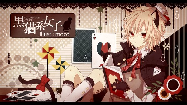 Anime picture 1024x576 with moco 315 single looking at viewer short hair blonde hair red eyes wide image animal ears animal tail cat ears inscription cat tail paw print cat boy boy gloves flower (flowers) bow hat socks