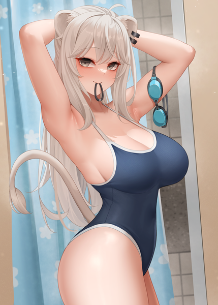 Anime picture 2220x3106 with virtual youtuber hololive shishiro botan wei xiao single long hair tall image looking at viewer fringe highres breasts light erotic hair between eyes large breasts standing holding animal ears ahoge tail animal tail