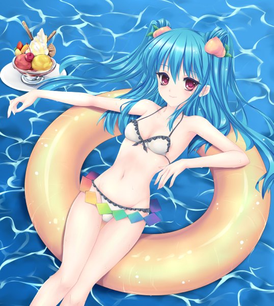 Anime picture 1077x1200 with touhou hinanawi tenshi fred0092 single long hair tall image looking at viewer blush light erotic red eyes blue hair two side up girl navel hair ornament swimsuit bikini water food sweets