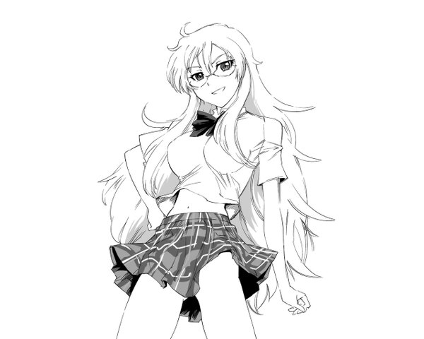 Anime picture 1280x1024 with ben-tou david production shaga ayame ueyama michirou single long hair simple background white background monochrome third-party edit extended girl glasses bowtie