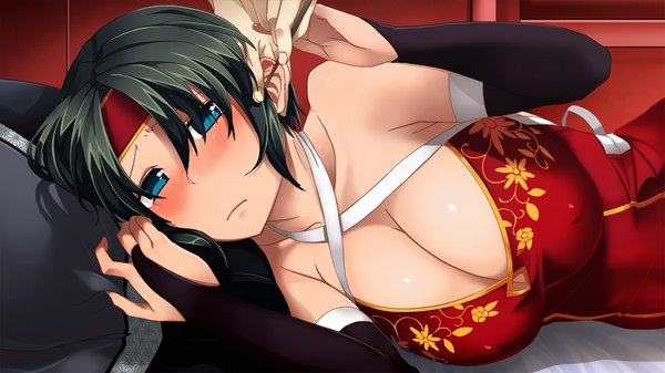 Anime picture 1280x720 with sangoku hime unicorn-a blush short hair breasts blue eyes light erotic black hair wide image large breasts game cg girl detached sleeves