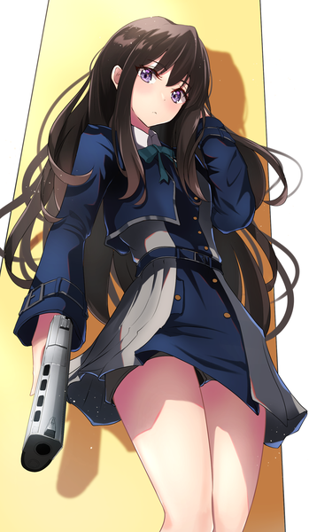 Anime picture 1505x2587 with lycoris recoil inoue takina nishiki yuno single long hair tall image blush fringe black hair simple background hair between eyes standing purple eyes holding from below shadow yellow background girl weapon gun