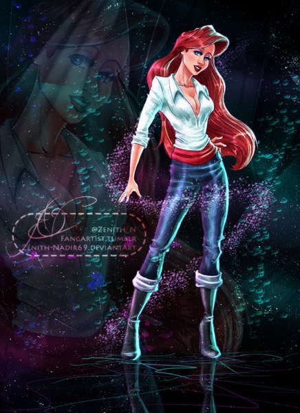 Anime picture 1024x1408 with the little mermaid disney ariel zenith-nadir69 single long hair tall image blue eyes standing cleavage red hair very long hair lips dark background eyeshadow girl shirt white shirt knee boots jeans