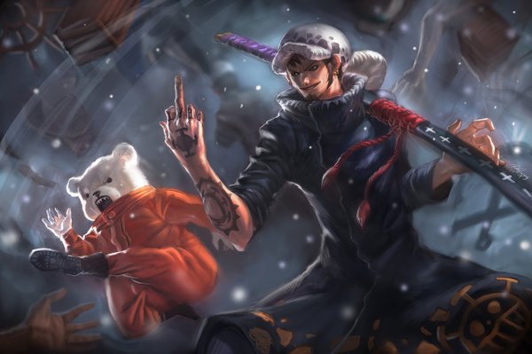 Anime picture 1280x853 with one piece toei animation trafalgar law bepo richytruong short hair open mouth black hair signed black eyes teeth tattoo sharp teeth twisty sleeves battle middle finger weapon hat earrings animal