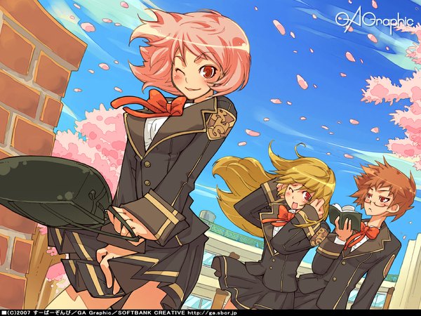 Anime picture 1024x768 with gagraphic super zombie wind wallpaper cherry blossoms wind lift girl uniform school uniform blazer
