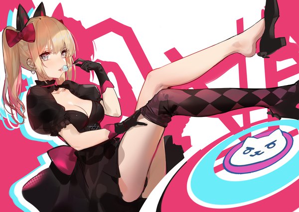 Anime picture 3586x2552 with overwatch blizzard entertainment d.va (overwatch) black cat d.va kinven single long hair looking at viewer blush fringe highres breasts light erotic blonde hair hair between eyes twintails holding animal ears payot absurdres