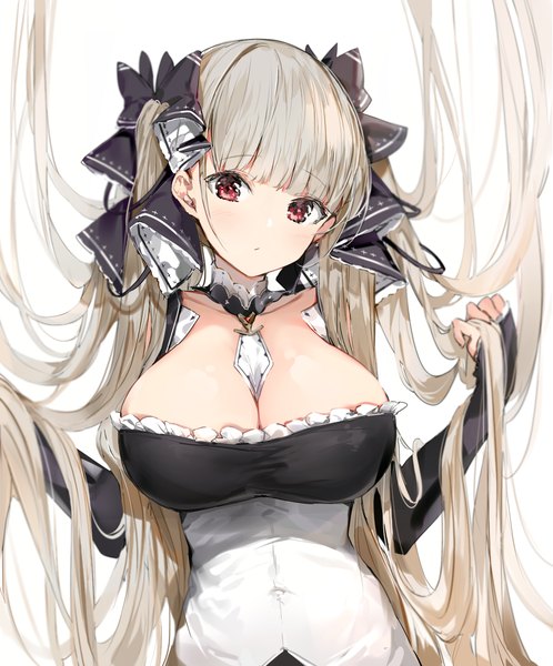 Anime picture 1475x1775 with azur lane formidable (azur lane) silver (chenwen) single tall image looking at viewer blush fringe breasts light erotic simple background red eyes large breasts twintails upper body blunt bangs very long hair grey hair between breasts lolita fashion