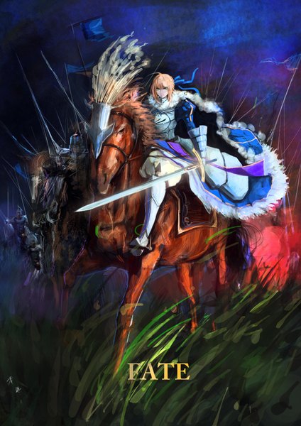 Anime picture 2480x3508 with fate (series) fate/stay night fate/zero studio deen type-moon artoria pendragon (all) saber lvcong (artist) tall image fringe highres blonde hair sitting holding aqua eyes riding army girl dress gloves