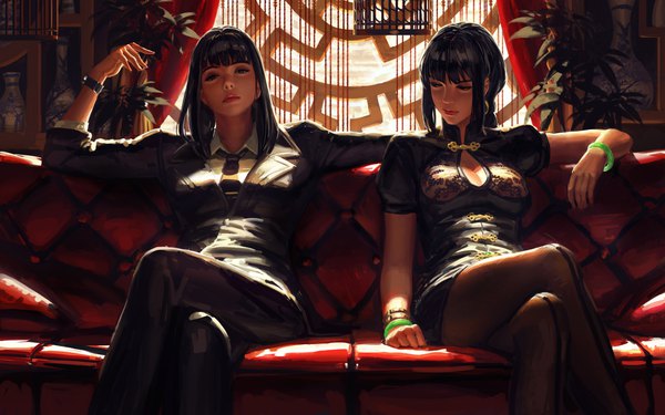 Anime picture 4096x2561 with original guweiz long hair looking at viewer fringe highres black hair sitting multiple girls payot looking away absurdres cleavage bent knee (knees) indoors blunt bangs braid (braids) traditional clothes arm up lips