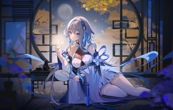Anime picture 2352x1500 with genshin impact guizhong (genshin impact) miaogujun single long hair blush fringe highres breasts blue eyes hair between eyes sitting bare shoulders holding signed looking away long sleeves traditional clothes grey hair wide sleeves
