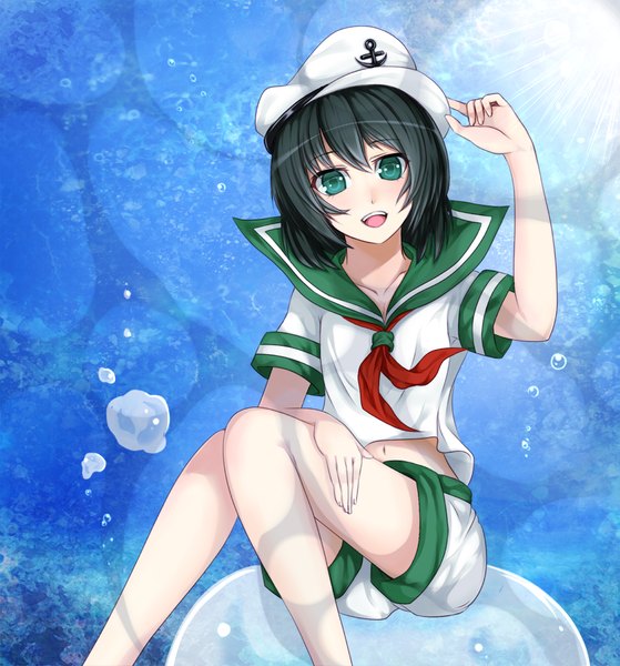 Anime picture 1000x1072 with touhou murasa minamitsu nue0192 single tall image looking at viewer short hair open mouth black hair green eyes :d girl shorts sailor suit peaked cap white shorts