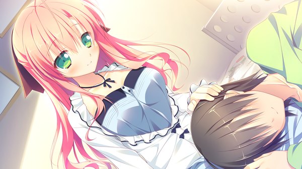 Anime picture 1280x720 with clover day's rindo tsubame long hair blush short hair black hair smile wide image green eyes pink hair game cg couple girl dress boy