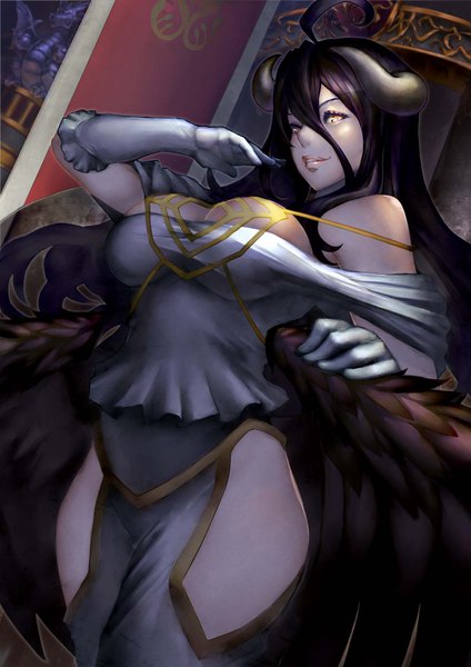 Anime picture 1240x1753 with overlord (maruyama) madhouse albedo (overlord) shimashima (simasima 23) single long hair tall image looking at viewer fringe breasts light erotic black hair smile hair between eyes large breasts bare shoulders yellow eyes ahoge horn (horns) demon girl
