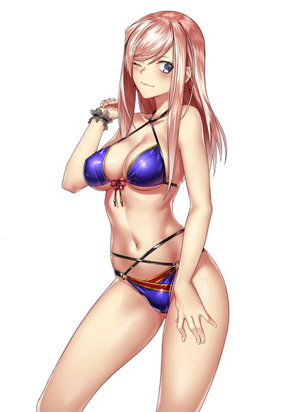Anime picture 2320x3380 with fate (series) fate/grand order miyamoto musashi (fate) kai (pixiv12466647) single long hair tall image looking at viewer blush fringe highres breasts blue eyes light erotic simple background hair between eyes standing white background payot pink hair