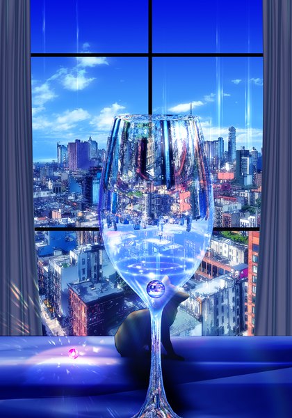 Anime picture 1051x1500 with original little pine tall image sky cloud (clouds) city reflection cityscape no people upside down street animal window building (buildings) curtains cat gem wine glass