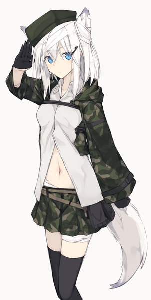 Anime picture 726x1434 with original nagishiro mito single tall image looking at viewer blush fringe short hair blue eyes simple background hair between eyes standing animal ears white hair tail animal tail fox ears fox tail fox girl salute