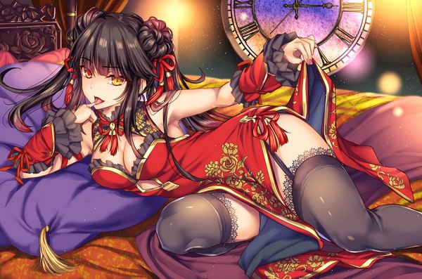 Anime picture 1815x1200 with date a live tokisaki kurumi moneti (daifuku) single long hair looking at viewer fringe highres breasts open mouth light erotic red eyes yellow eyes payot cleavage indoors lying blunt bangs nail polish traditional clothes