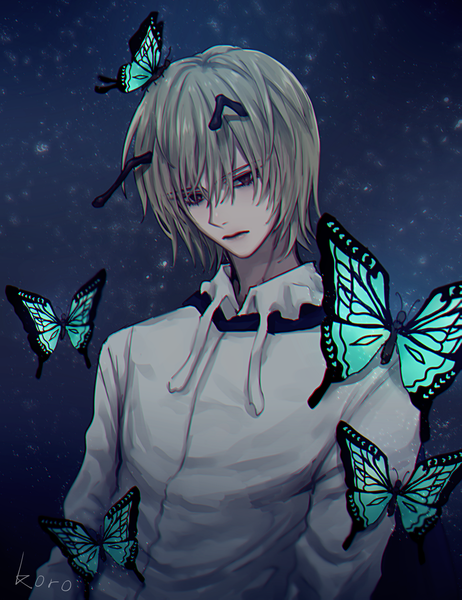 Anime picture 1200x1560 with hunter x hunter shaiapouf hichi single tall image fringe short hair blonde hair hair between eyes upper body black eyes looking down antennae boy insect butterfly